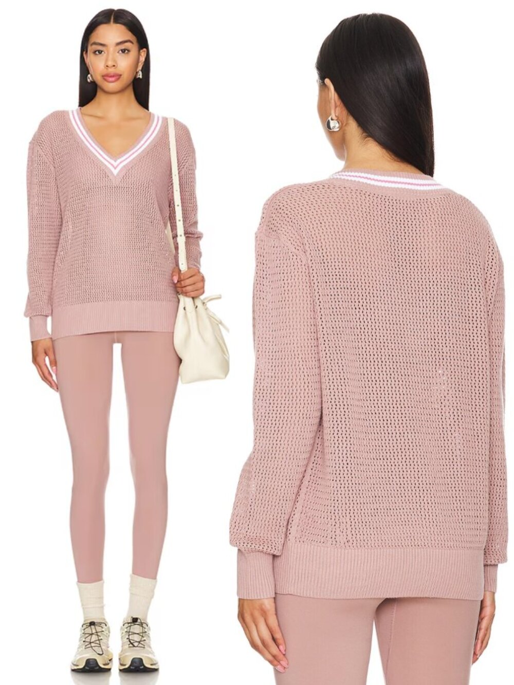 VARLEY Hadley V-Neck Open Knit Sweater Mauve Soft Feminine Old Money Chic M